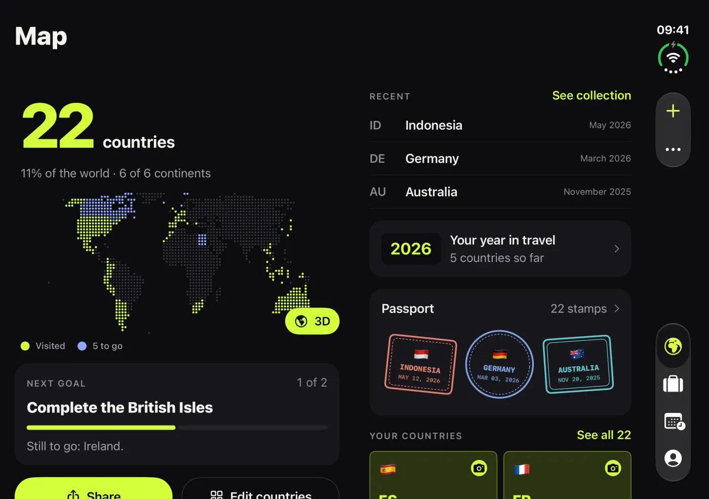 Mundipin open on iPhone Duo: the map on the left page and the countries on the right